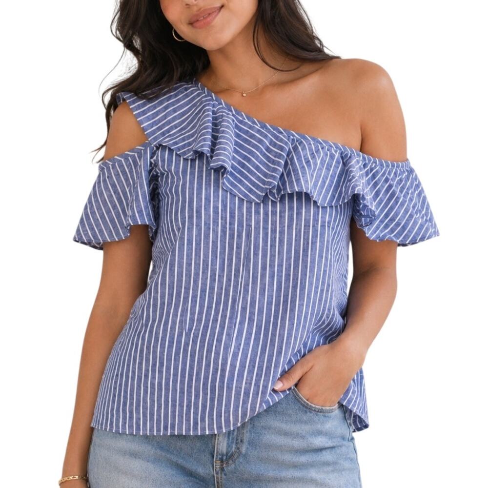 Madewell Off the Shoulder Ruffle Top Blue White Stripe Linen 8 Nautical